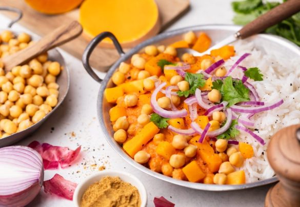 1 courge butternut 4 gousses d'ail 400 g de pois chiche 1 oignon rouge 400 ml de lait de coco 400 ml de tomates concassées Gingembre 200 ml de bouillon de légume Poudre de curry rouge Garam masala Huile d’olive Sel et poivre Coriandre Riz blanc